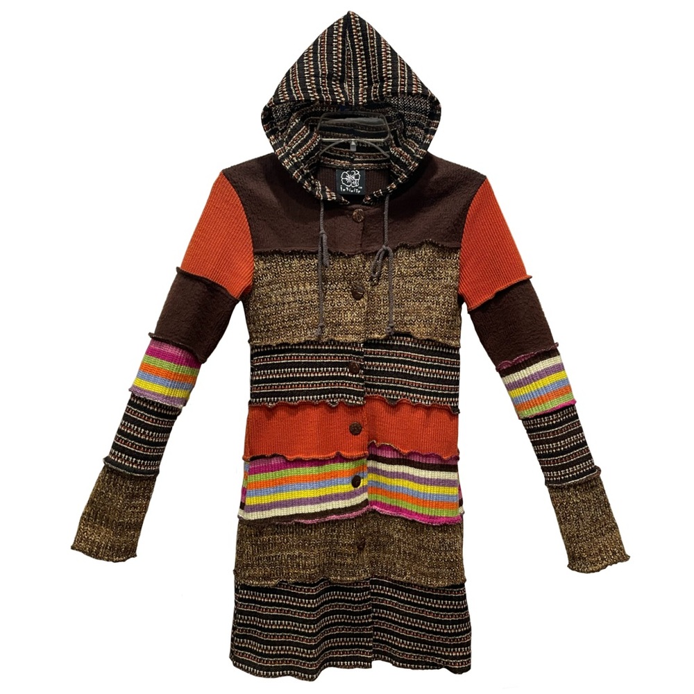 Rare Infinity XS-S Patchwork Knit Hood Cardigan Bouclé ColorBlock Eclectic Cabin